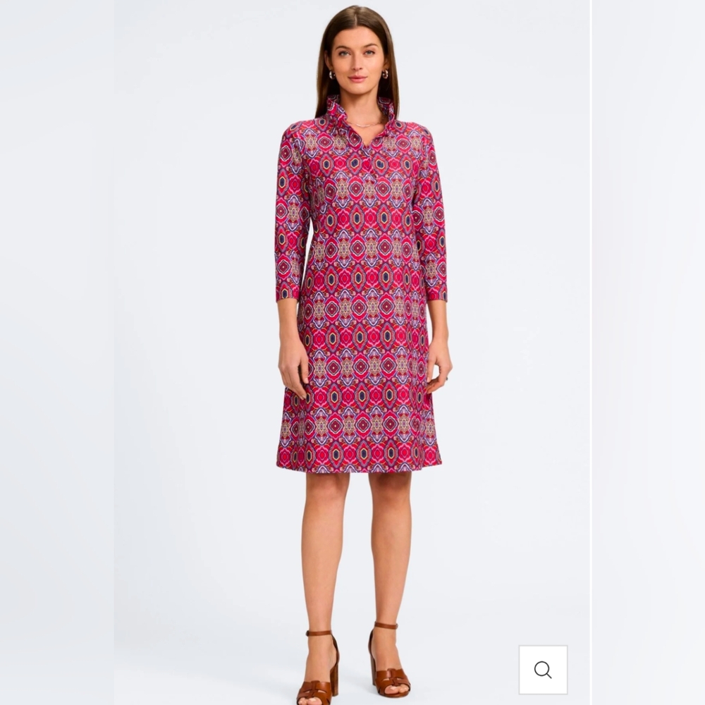 Foxcroft Tammy Geometric Tile Knit Crepe 3/4 Sleeve Dress S